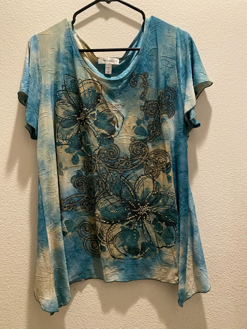 dressbarn Teal and Cream Floral Short Sleeve Tee with Swirl Detail